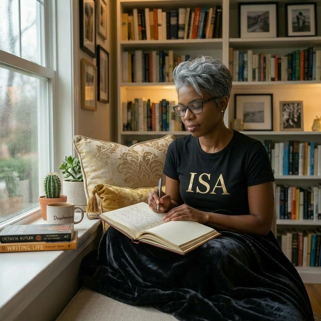 Woman writing in a journal at a desk with laptop and books by a window